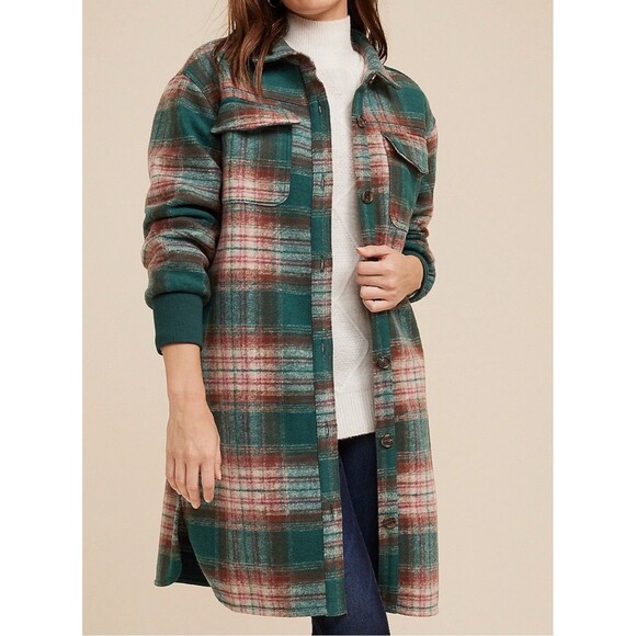 Maurices Green Plaid Longline Shacket Button Down Collared Rib Cuff Women Medium - Picture 1 of 13